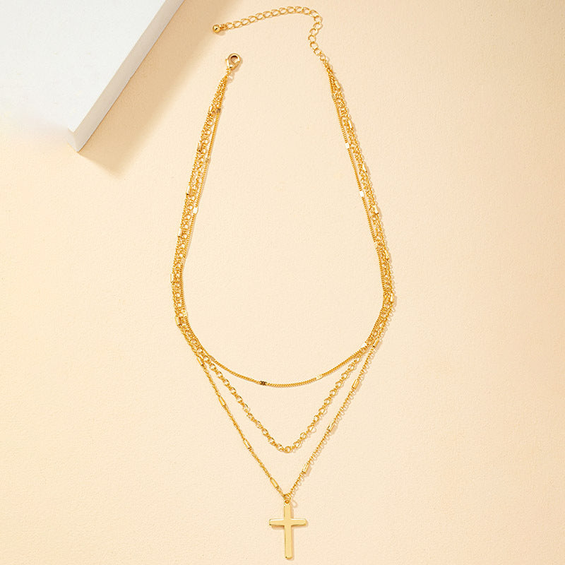 Fashionable Triple-Layer Cross Pendant Necklace with Korean Influence