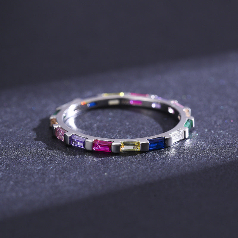 Geometric Rainbow Zircon Sterling Silver Ring