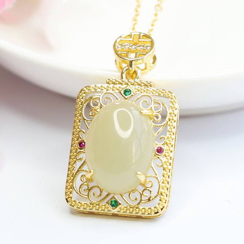 Jade Hollow Square Pendant in Palace Style with Natural Oval Hetian Jade