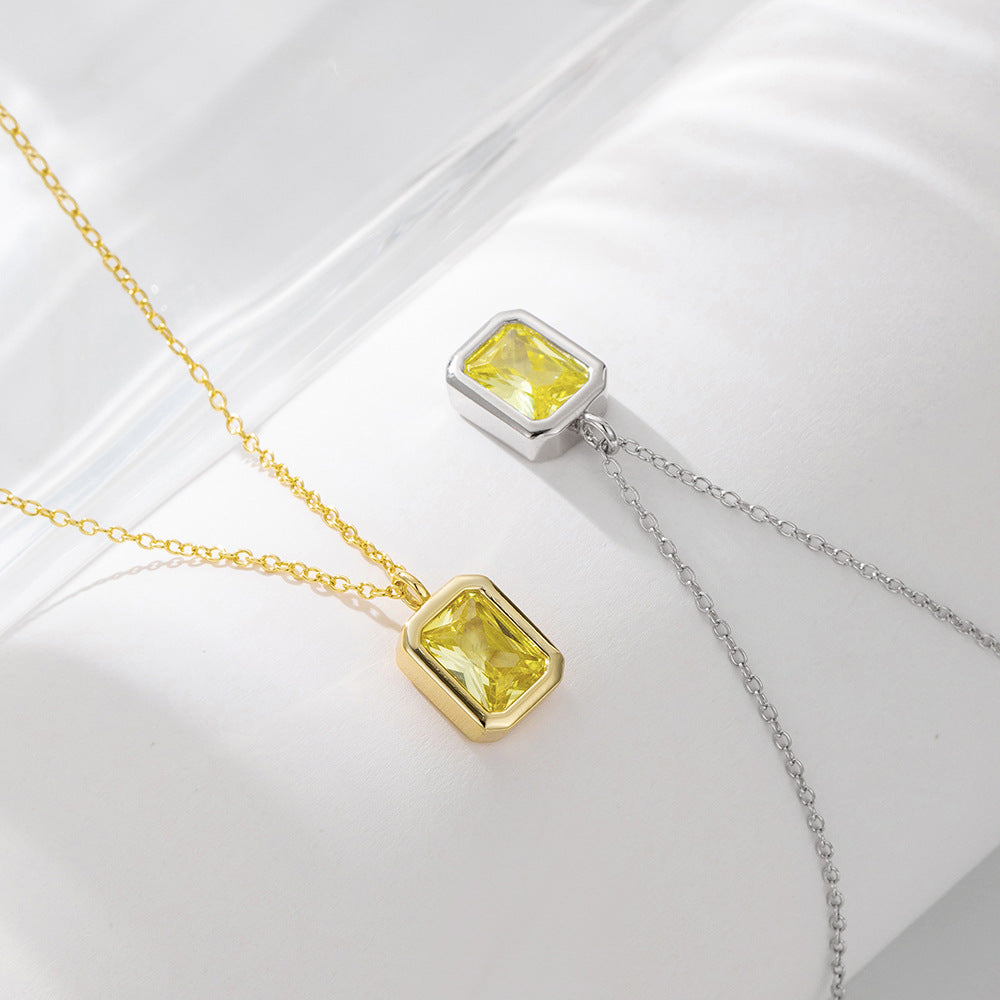 S925 Sterling Silver Square Olive Yellow Zircon Pendant Necklace