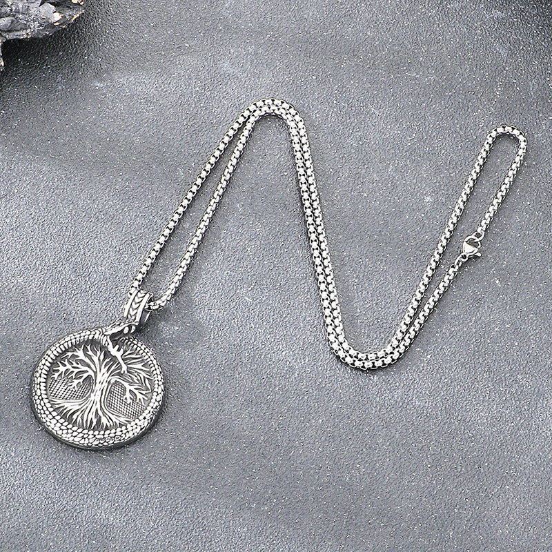 Nordic Viking Mythology Ouroboros Tree Of Life Pendant, Retro Round Stainless Steel Men's Necklace