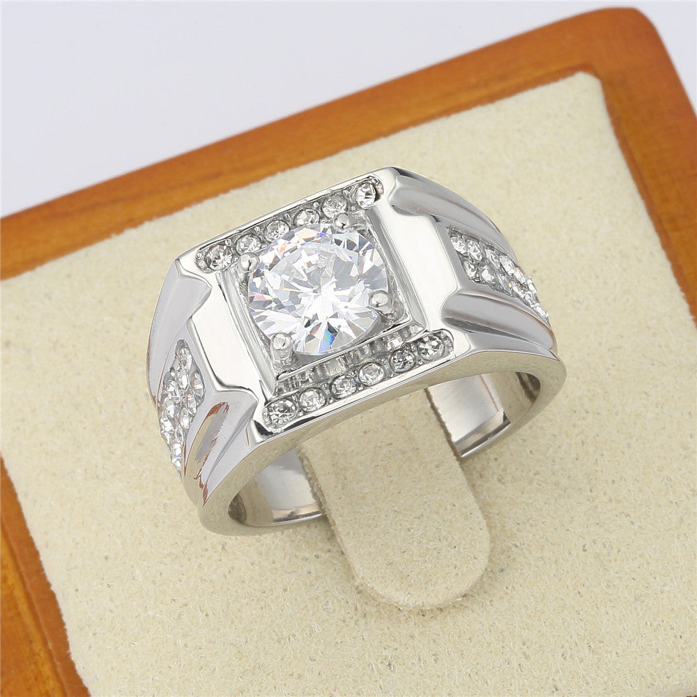 Elegant Titanium Steel Men's Wedding Ring with Zircon Gemstone