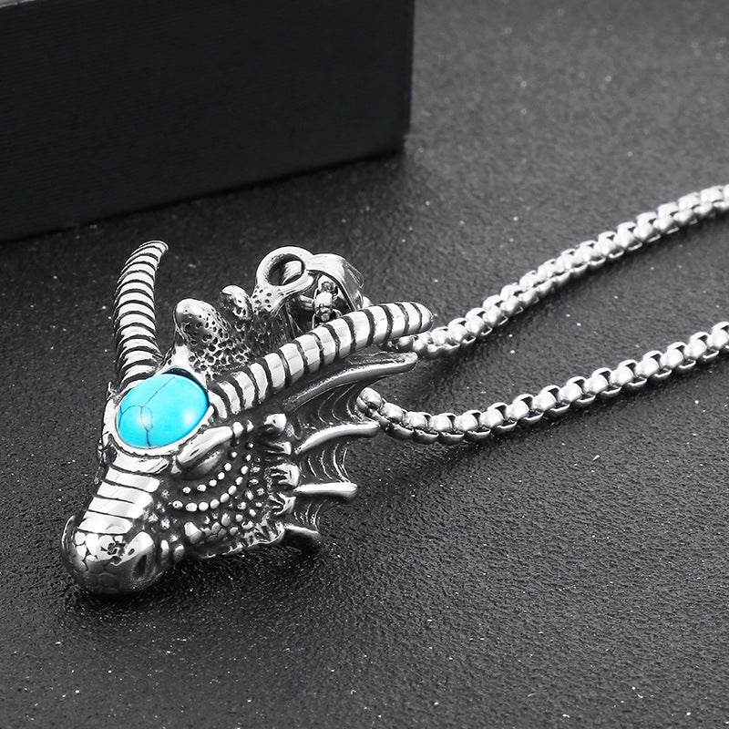 Animal Stainless Steel, Punk Retro Cool Inlaid Turquoise Dragon Pendant For Men Necklace