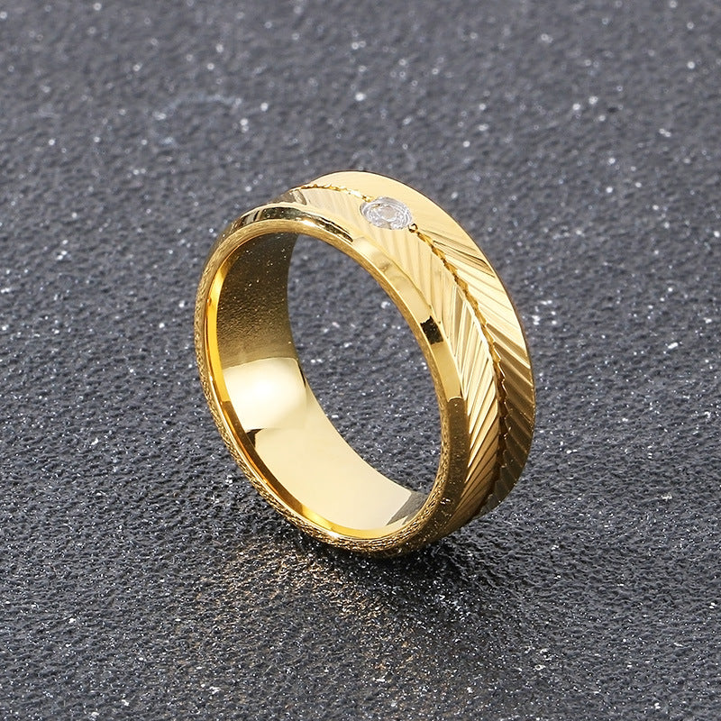 Ring Vacuum Plated Zircon Feather Round Stainless Steel Men's Ring