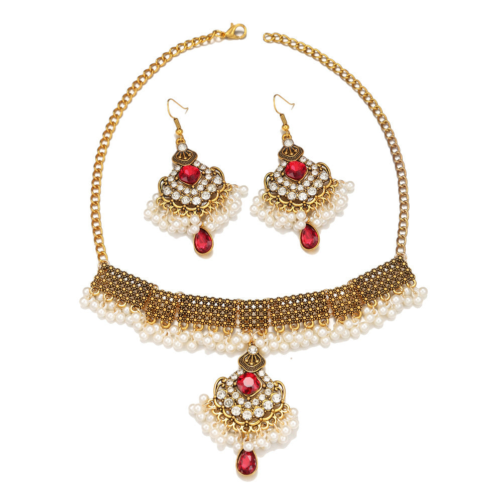 Tassel Gem Pearl Necklace and Earrings Set - Savanna Rhythms
