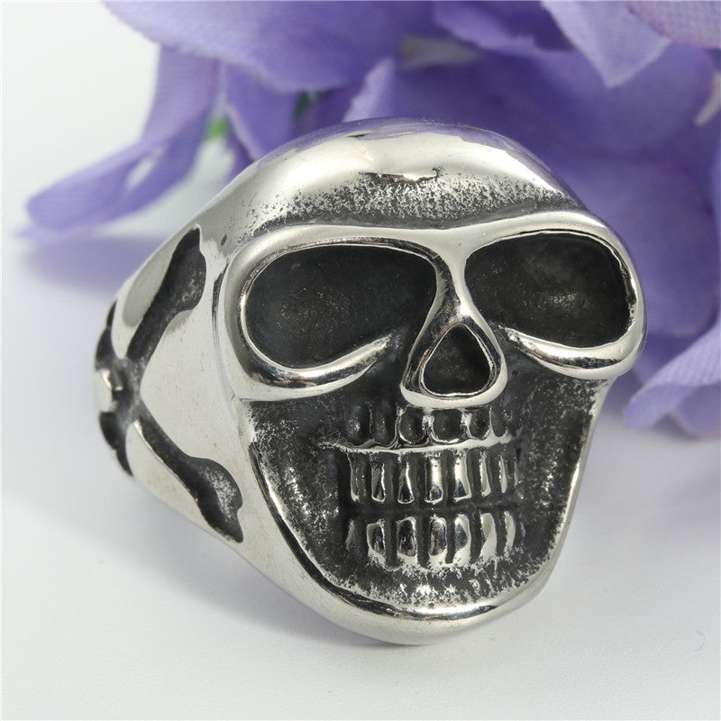 Titanium Steel Skull Ring for Men - Retro Punk Style with Cross Design in Stainless Steel