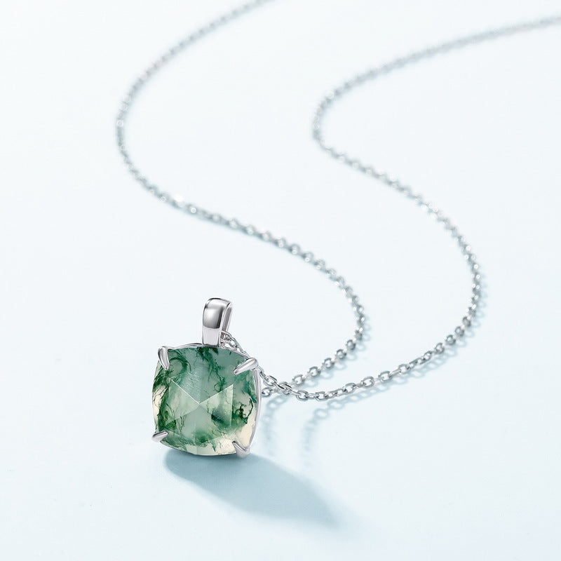 S925 Sterling Silver Moss Agate Pendant Necklace