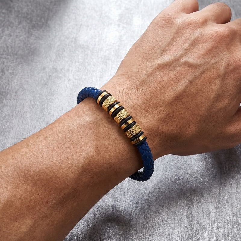 Rhombus Knurled Titanium Steel Ball Woven Microfiber Leather Magnetic Buckle Leather Bracelet