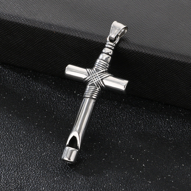 Breath Whistle Can Blow Decompression Pendant, Smear Ghost Head Cross Stainless Steel Necklace
