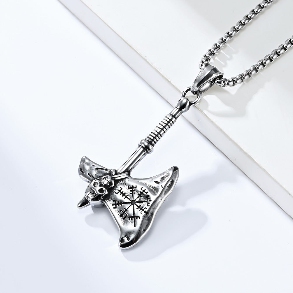 Planderful Nordic Viking Axe Pendant Durable Titanium Steel Necklace For Men Bold Skull Head Jewelry