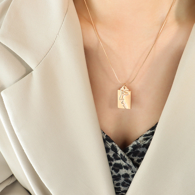 Golden Half-Face Portrait Pendant Necklace with Titanium Plating - European and American Jewelry Trend