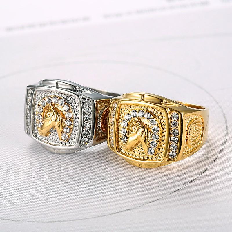 Planderful Gold Plated Zircon Horse Head Hip Hop Ring For Men Unisex Statement Jewelry