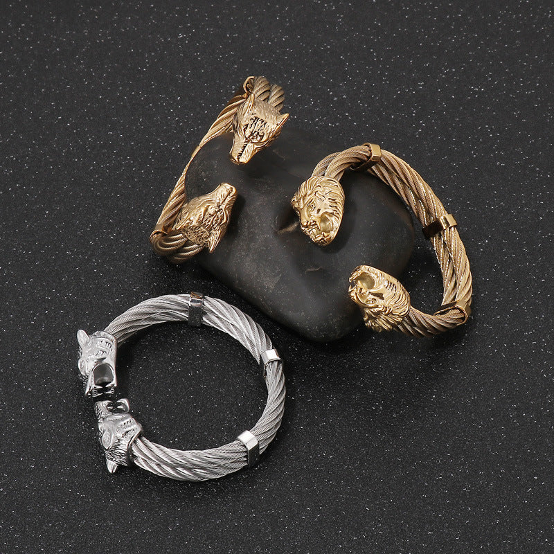 Punk Style Braided Wire – Lion Head Wolf Head Titanium Steel Men's Bracelet