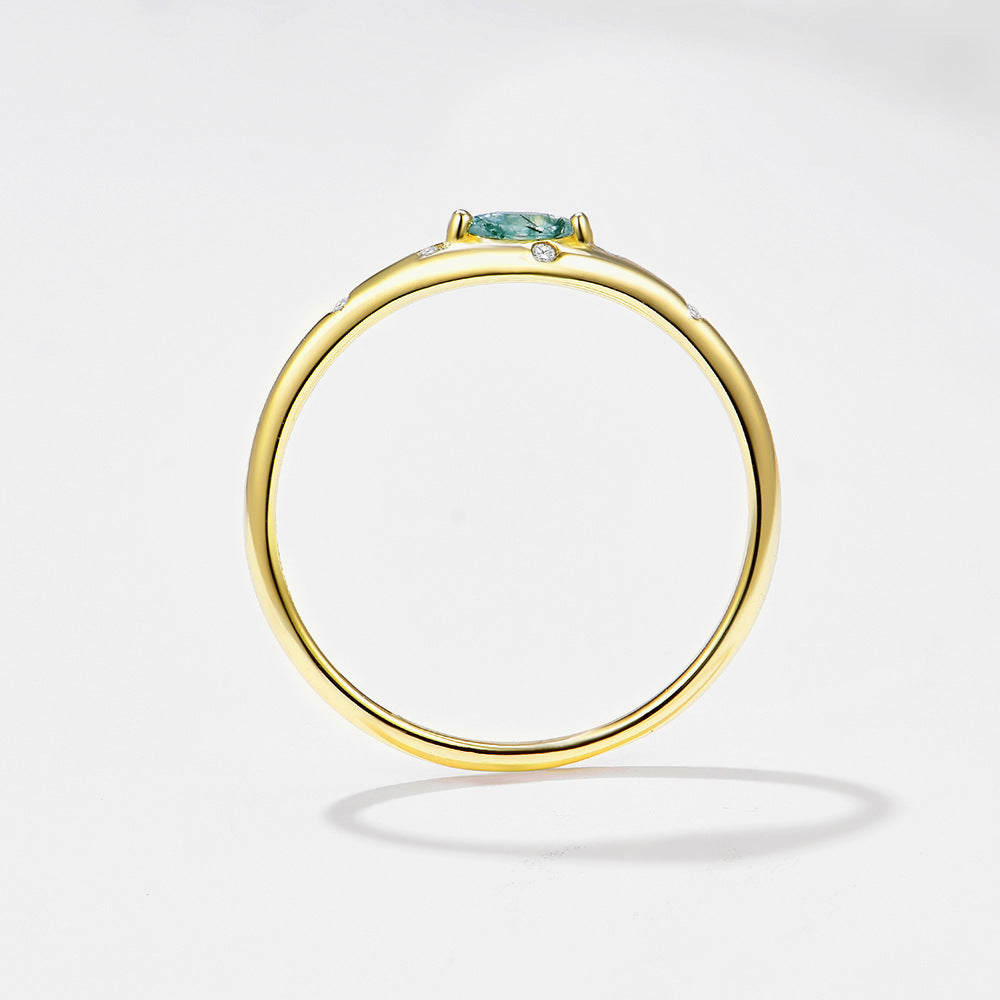 S925 Pure Silver-Green Moss Stone Ring, Fresh Aquatic Agate Finger Ring,