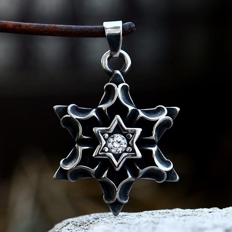 Titanium Steel Retro Punk Six-Pointed Star Pendant for Men with Stone Accent
