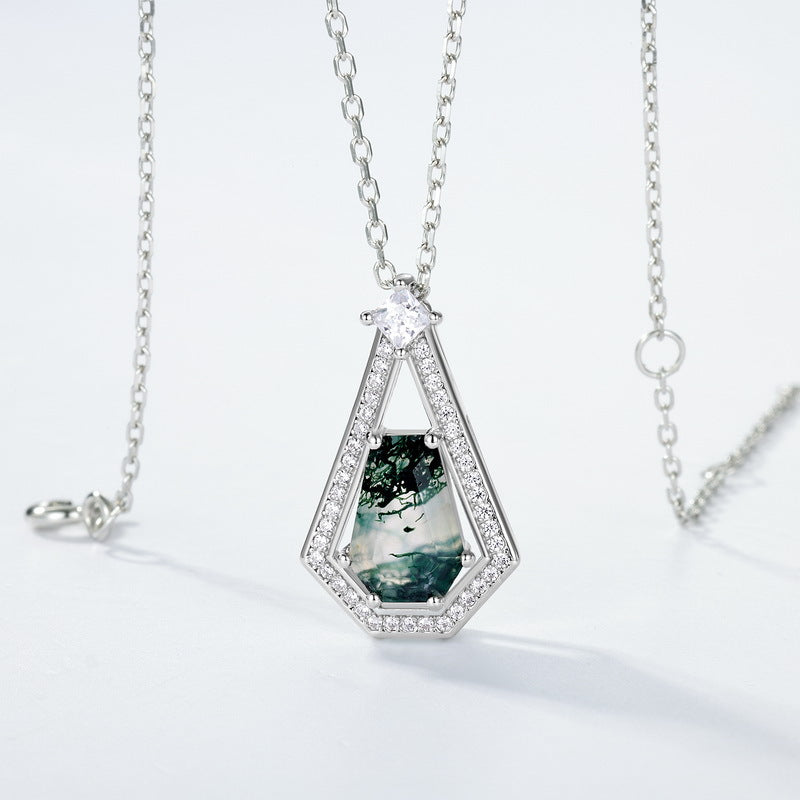 S925 Sterling Silver Moss Agate Shield Pendant Necklace