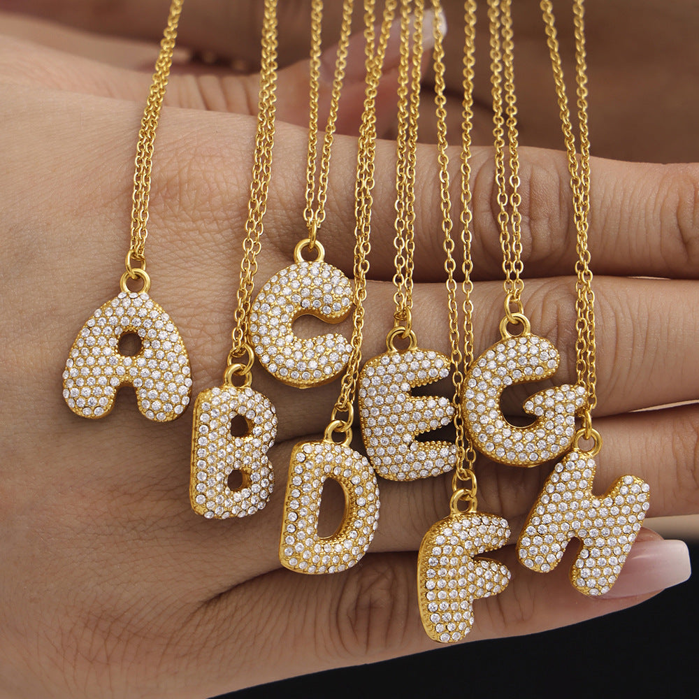 Planderful 26 Letter Zircon Necklace Gold Plated Hip Hop