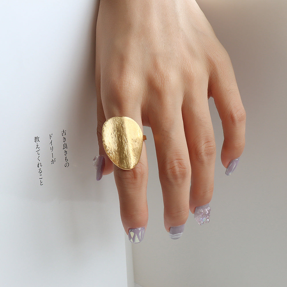French Exaggerated Brushed Matte Titanium Steel Ring for Women with Unique Shape and Style