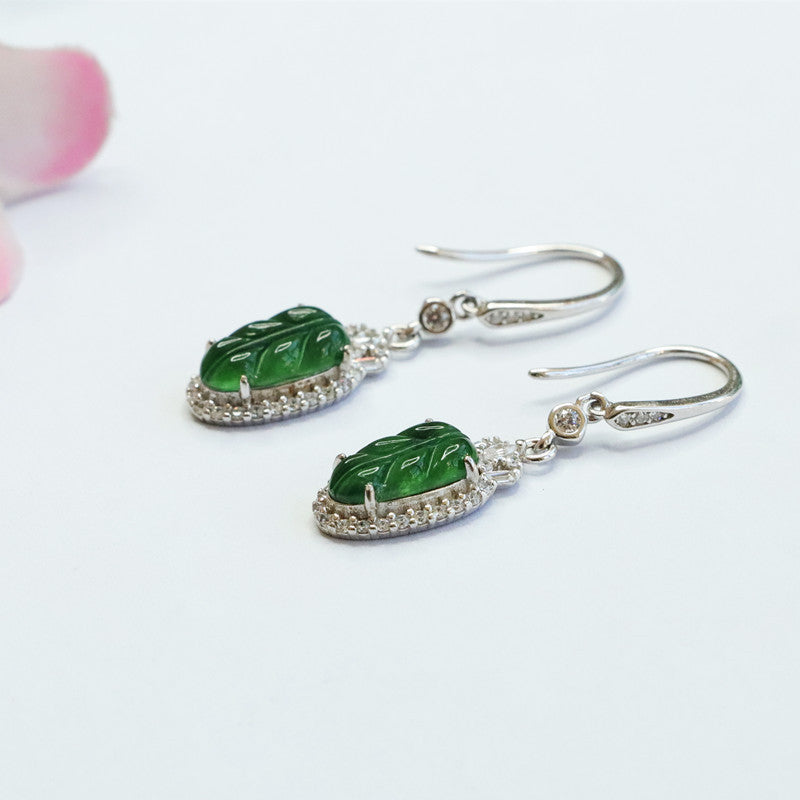 Icy Green Jadeite Leaf Halo 925 Silver Hook Earrings