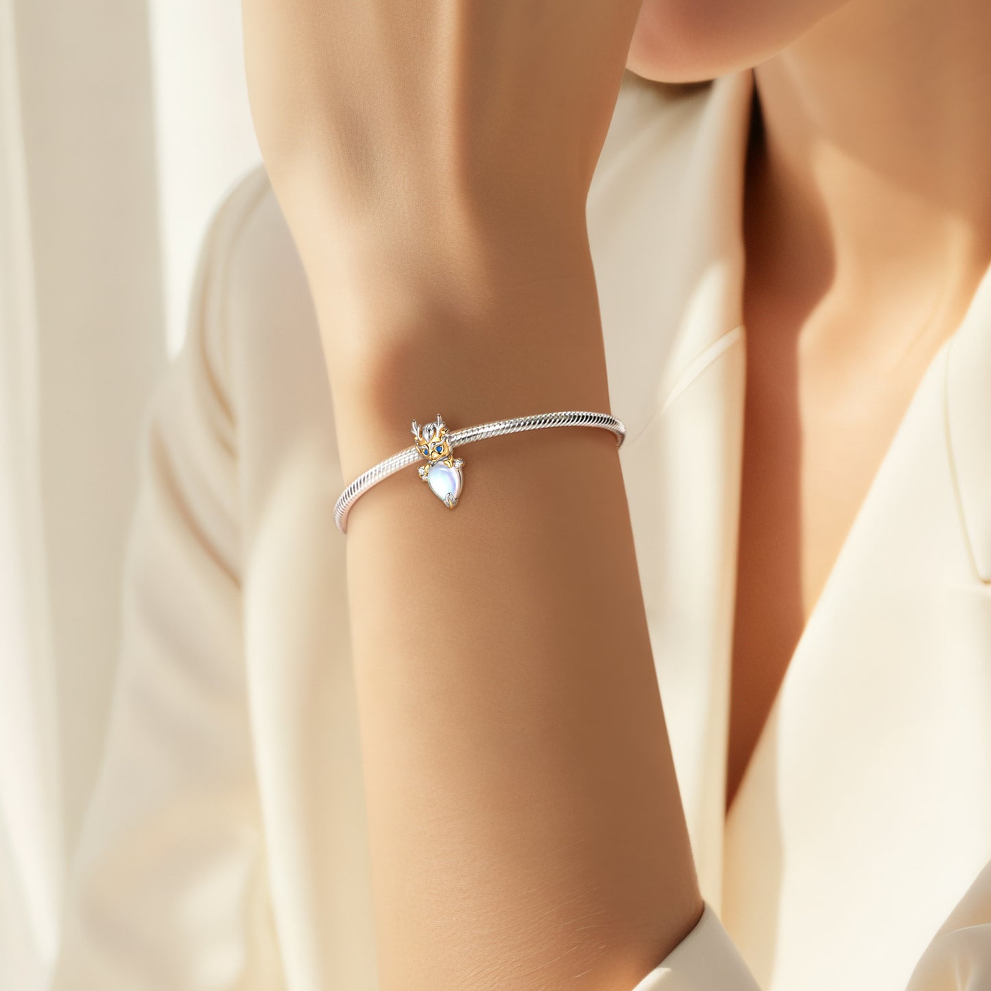 Planderful Jewelry Moonstone Dragon Beaded Bracelet In Sterling Silver With 14K Gold Inlays For Elegant Everyday Wear