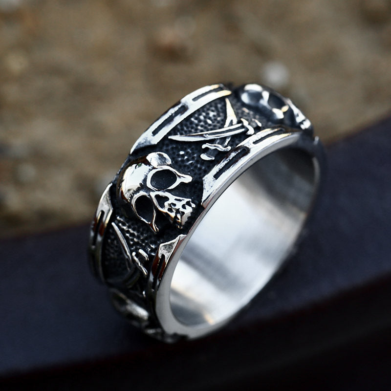 Stainless Steel Punk Hip-Hop Skull Ring for Men - Double Sickle Design in Titanium Steel, Wholesale Options Available