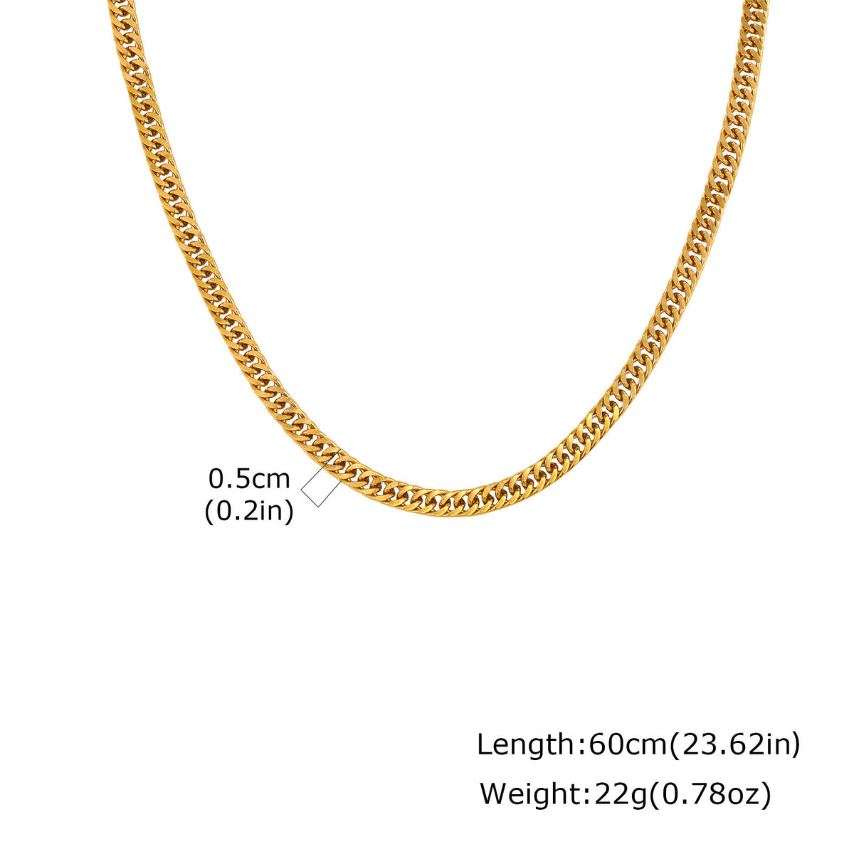 Unisex Stainless Steel Encrypted Four-Sided Grinding Chain Necklace Gold