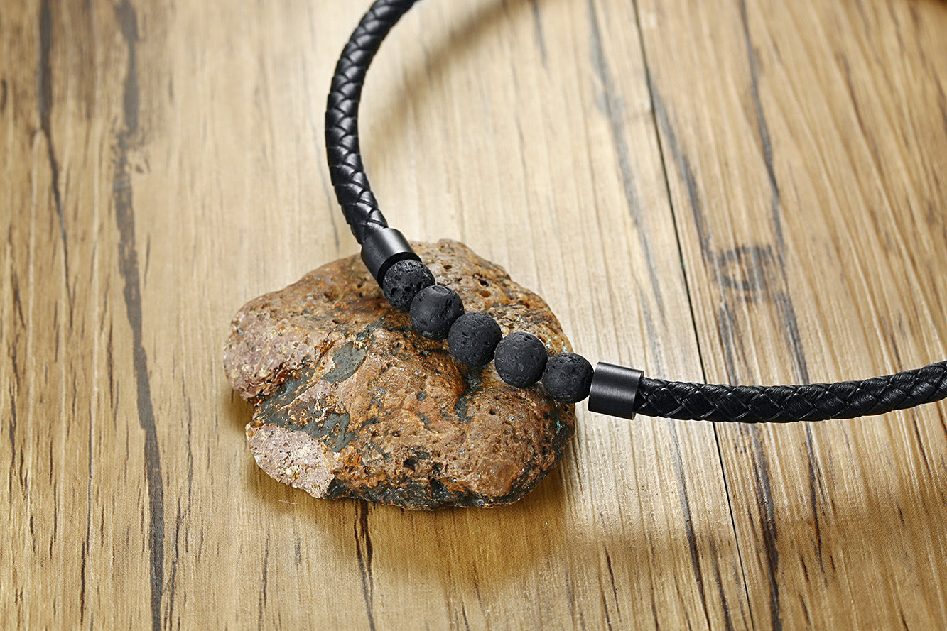Jewelry Stainless Steel Magnet Buckle Volcanic Stone Leather Collar Black Necklace Wholesale for Men