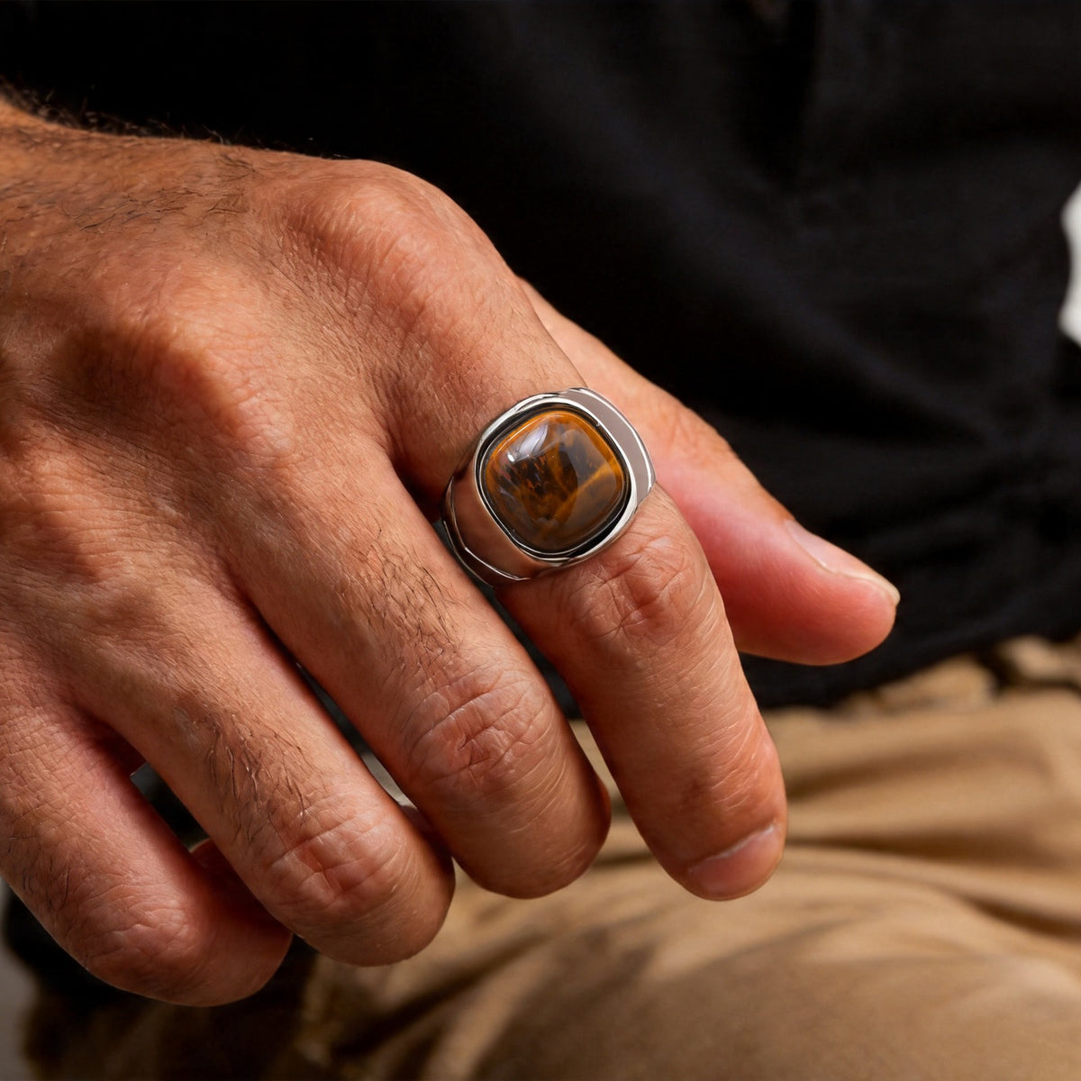 Europe & The United States Hot-Selling Stainless Steel Egg-Shaped Tiger's Eye Stone Ring