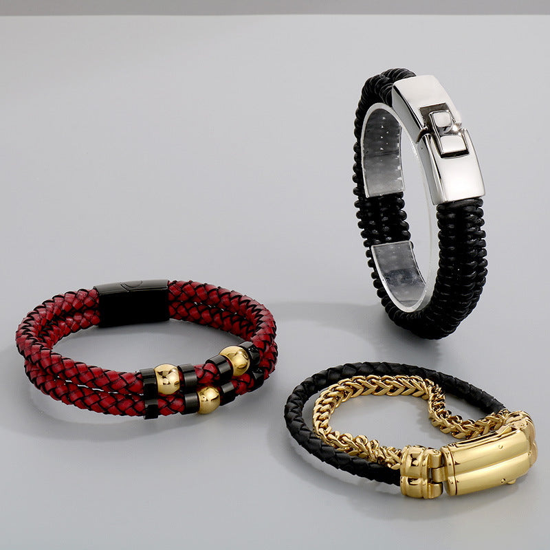 Stylish & Double-Layer Spliced Leather Bracelet – Vacuum Electroplated Spring Buckle