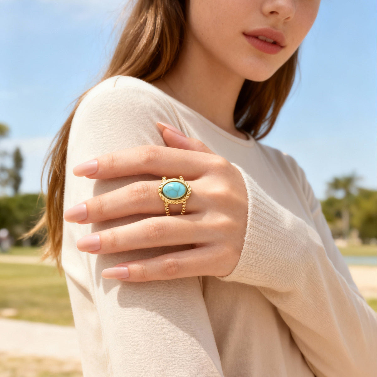 Stainless Steel Hot-Selling Geometric Lines Imitation Natural Stone Double-Layer Open Ring