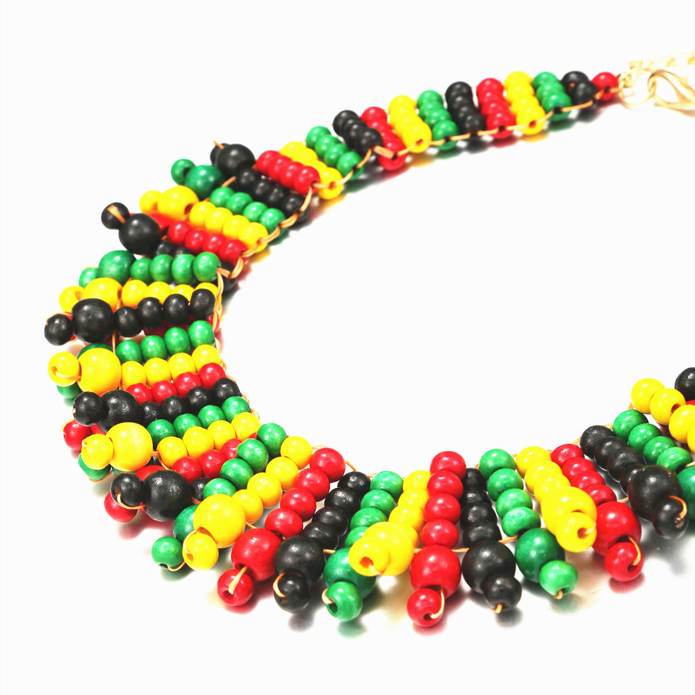 Handcrafted Multi-layer Wooden Bead Necklace with African-inspired Woven Design