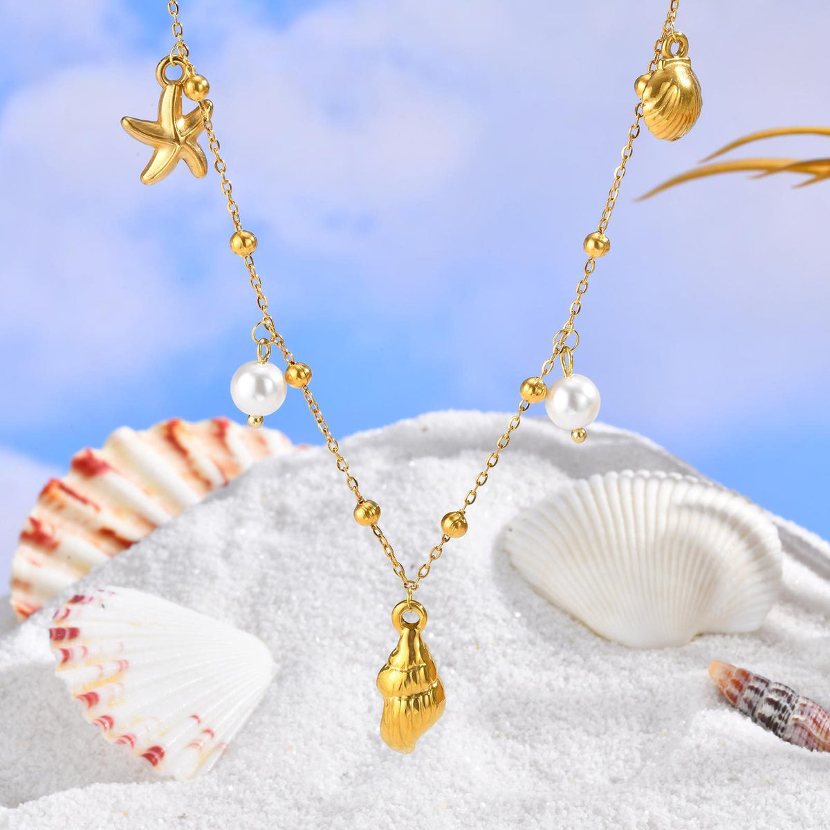 Summer Leisure Seaside Ocean Wind Stainless Steel Imitation Glass Pearl Conch Lady Necklace