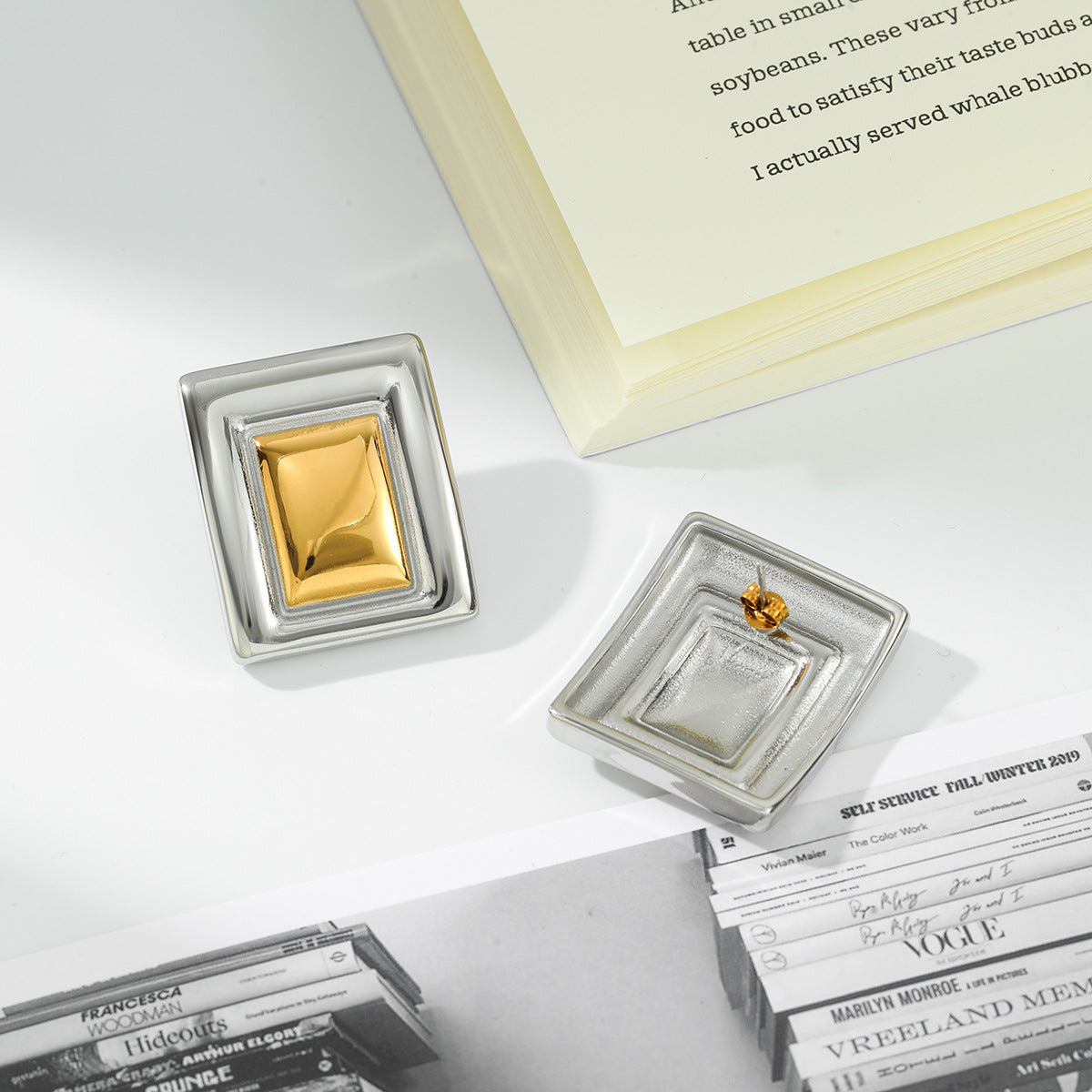 Planderful Vienna Verve Two Tone Stainless Steel Earrings Minimalist Square Statement Unisex Everyday Wear