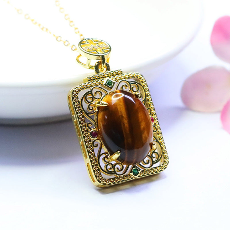 Yellow Tiger Eye Openwork Square Pendant — No Chain