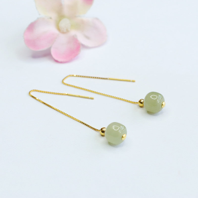 Long Sterling Silver Ear Thread Earrings with Natural Jade Insets