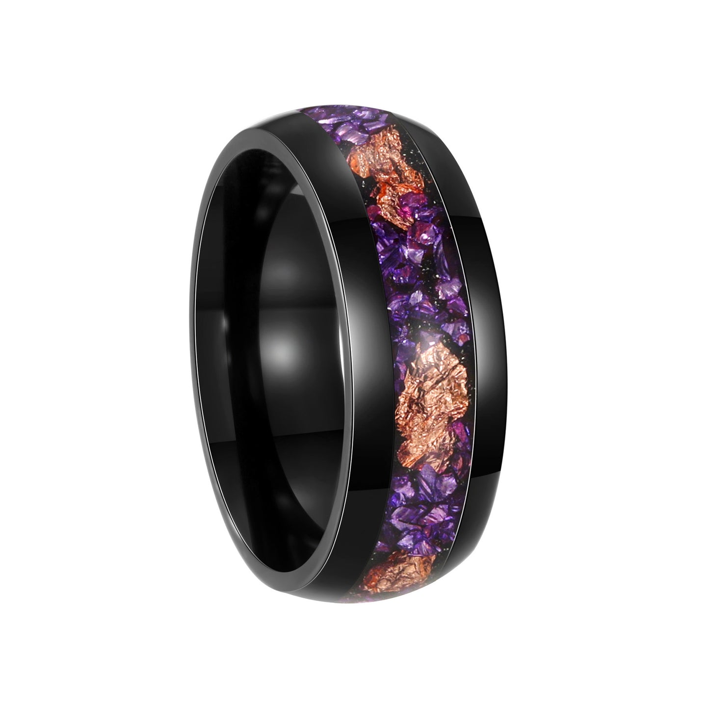Planderful Mens Amethyst Inlaid Black Titanium Steel Ring