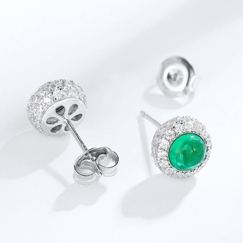 S925 Sterling Silver Lab-Grown Emerald Round Stud Earrings