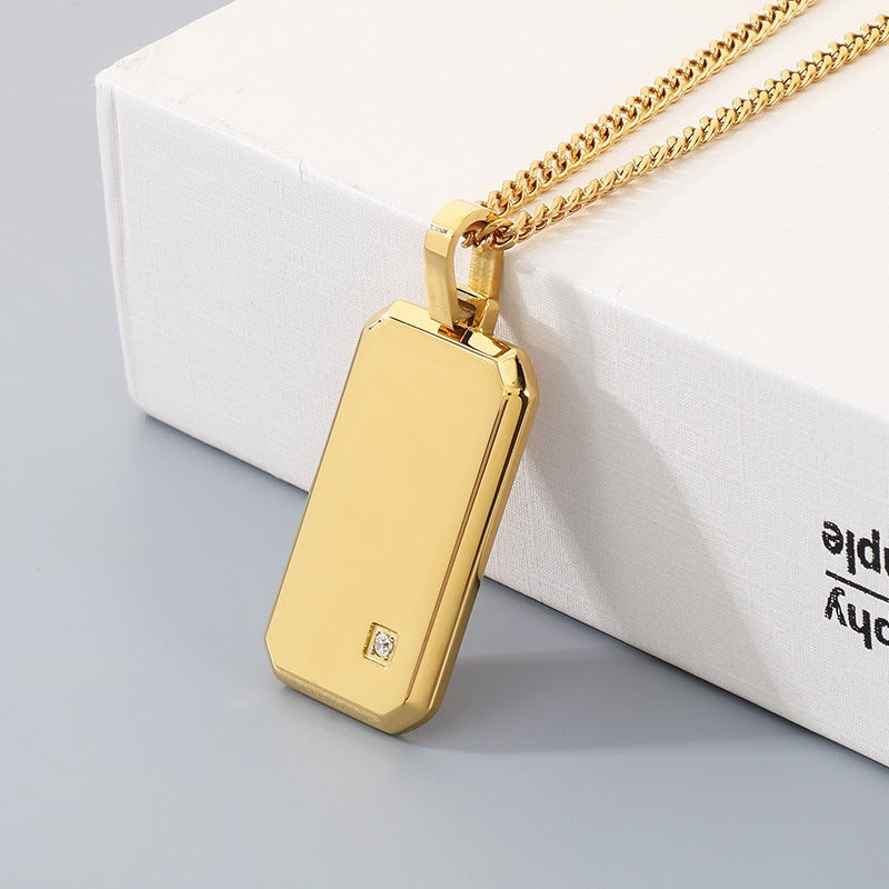 Minimalist Geometric Square Men's Zircon Necklace, Niche Stainless Steel Military Pendant