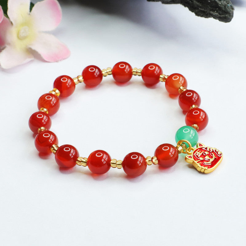 Tiger Head Natural Red Agate and Green Chalcedony Sterling Silver Bracelet