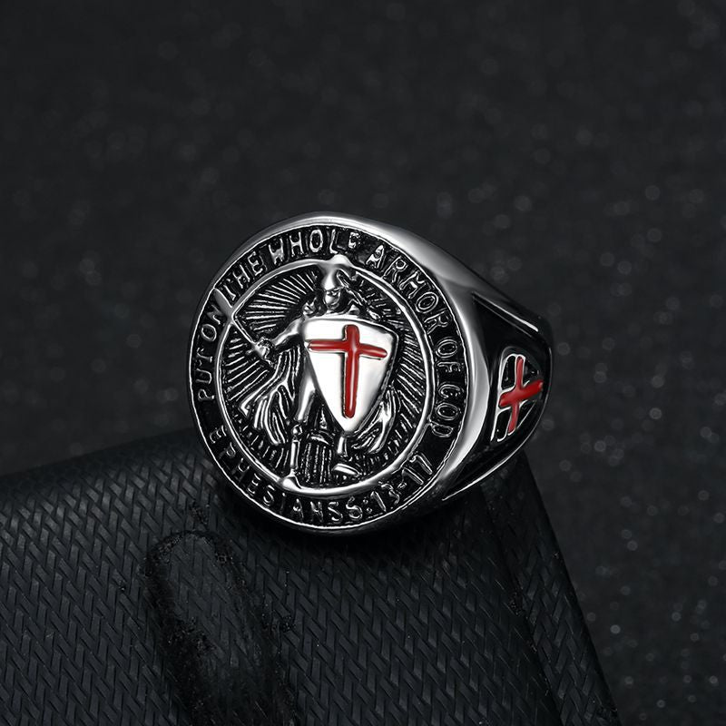 Planderful Everyday Genie Titanium Steel Gold Plated Ring Red Cross Shield For Men Hip Hop Style