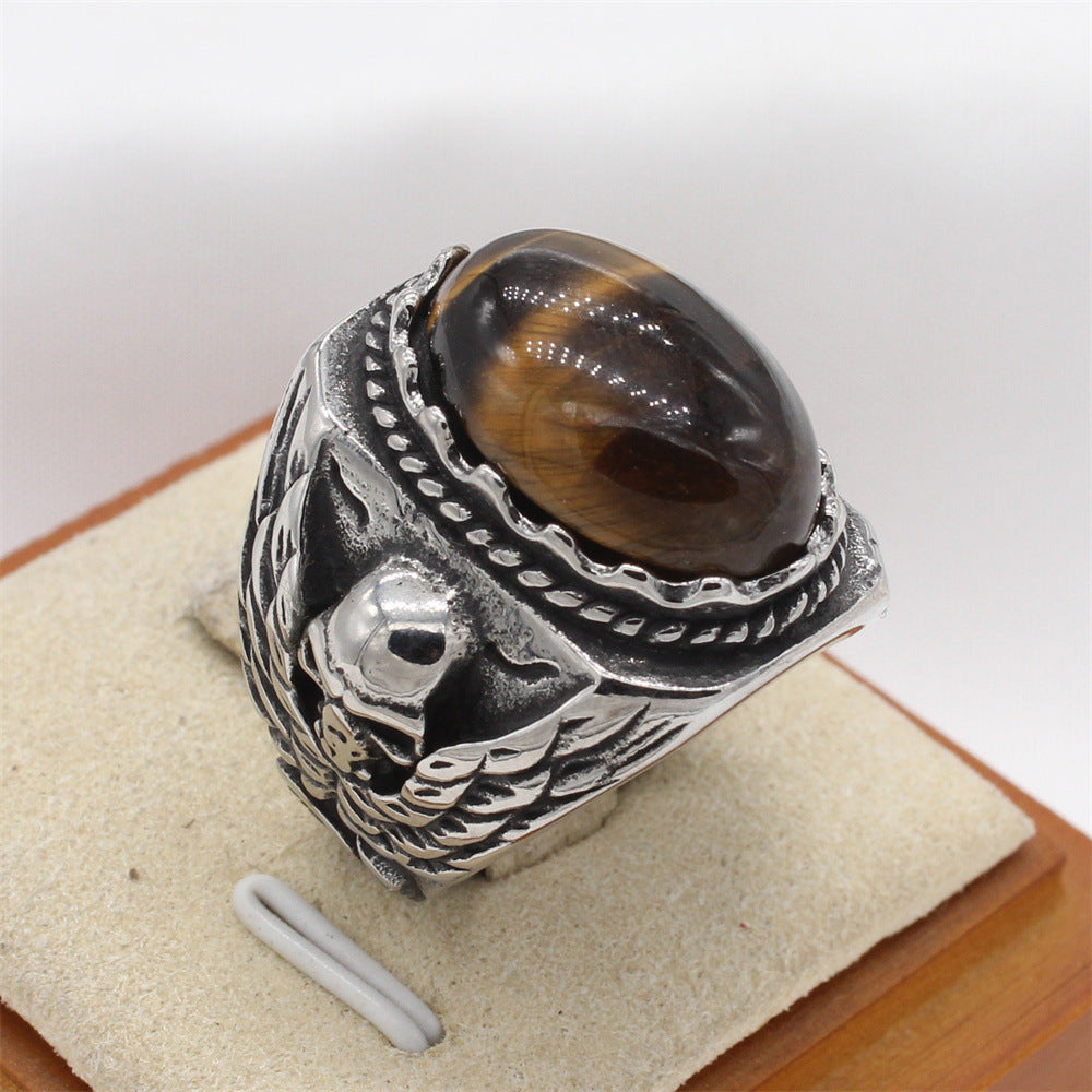 Planderful Tigers Eye Skull Ring Titanium Steel Unisex Oval Stone For Protection And Retro Style