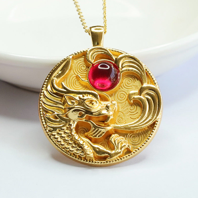 Lab-Grown Ruby Leaping Dragon Pendant — No Chain