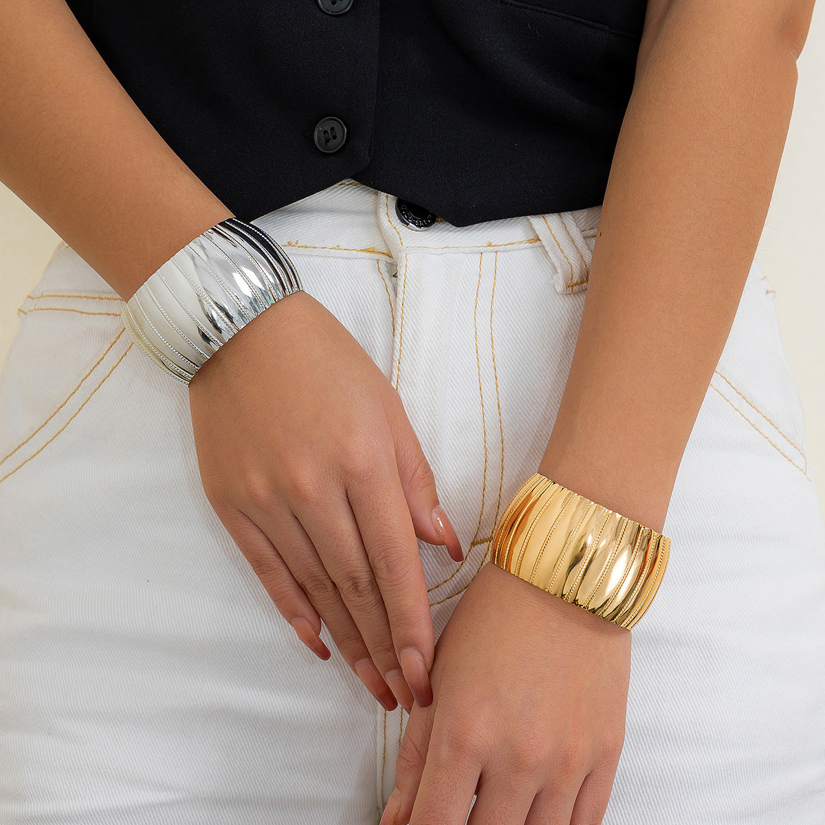 Fashion Forward Metal Snake Skin Wide Bracelet and Ring Set