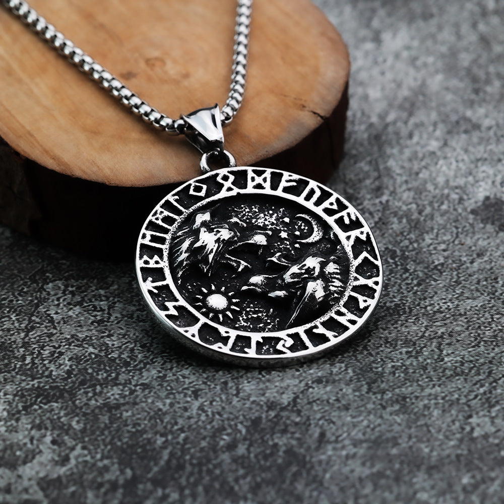 Nordic Vintage Stainless Steel Men's Viking Double Wolf Necklace