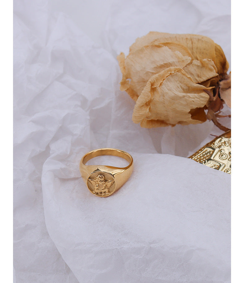 Angel Little Boy Titanium Steel Gold Ring - European and American Style