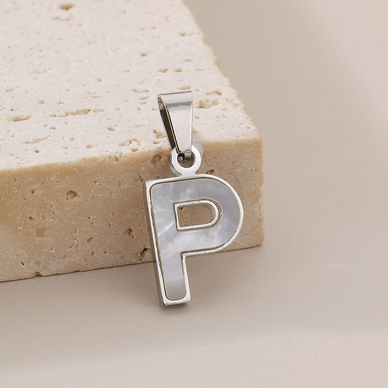 Women's'S Titanium Steel 26-Letter Pendant, White Fritillary Inlaid Stainless Steel Necklace