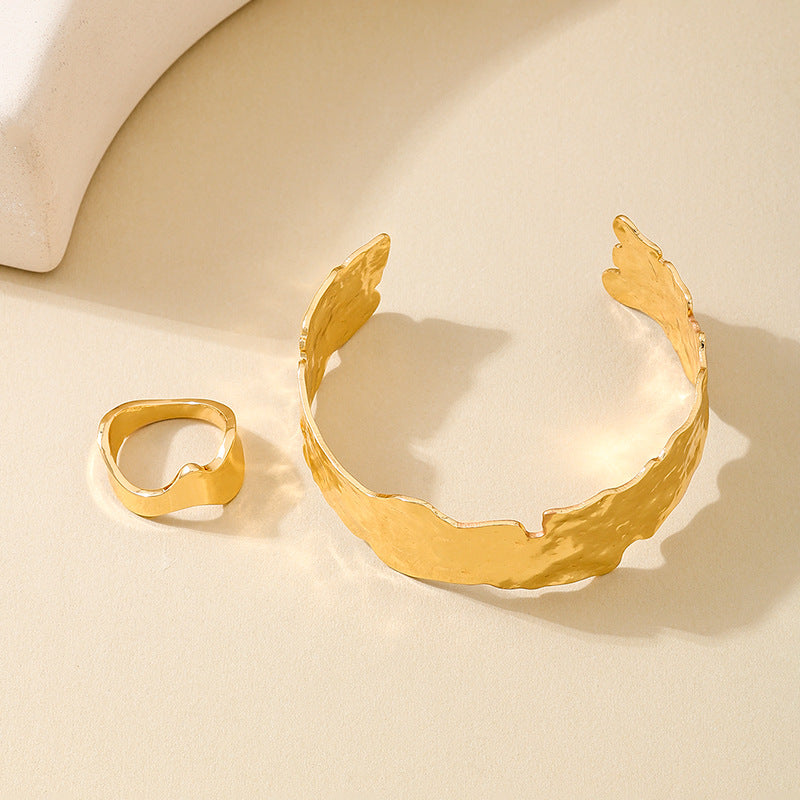 Fashionable Metal Wide-Sided Women's Bracelet Ring Set