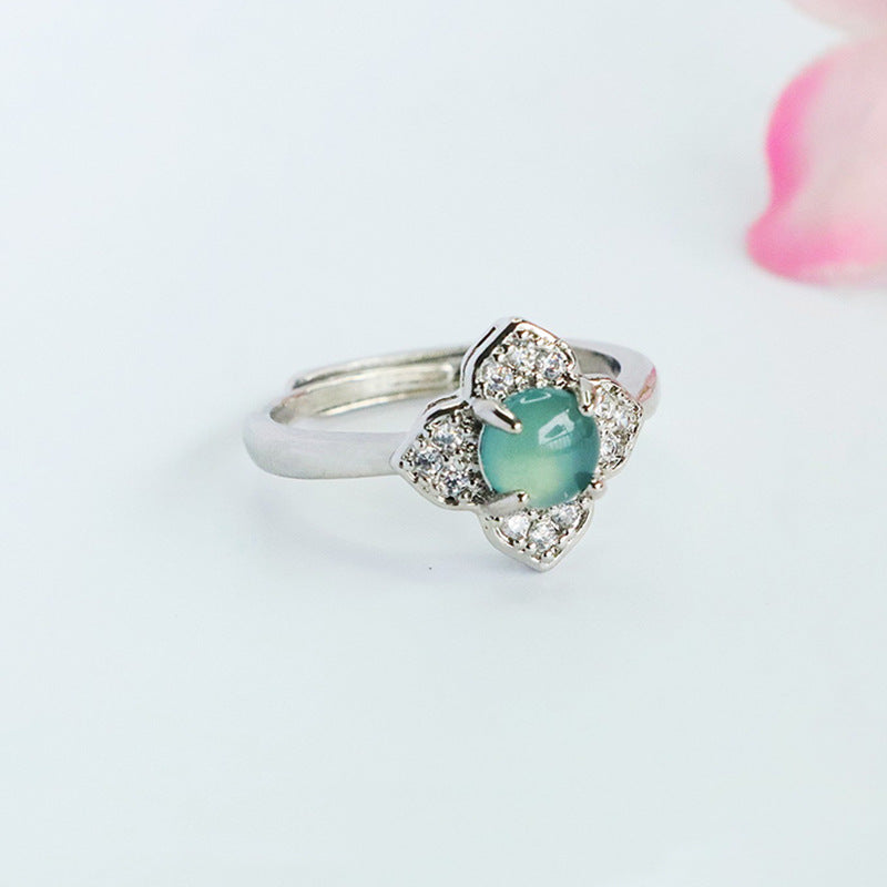 Blue Water Jadeite Prong-Set Four-Petal Flower Ring