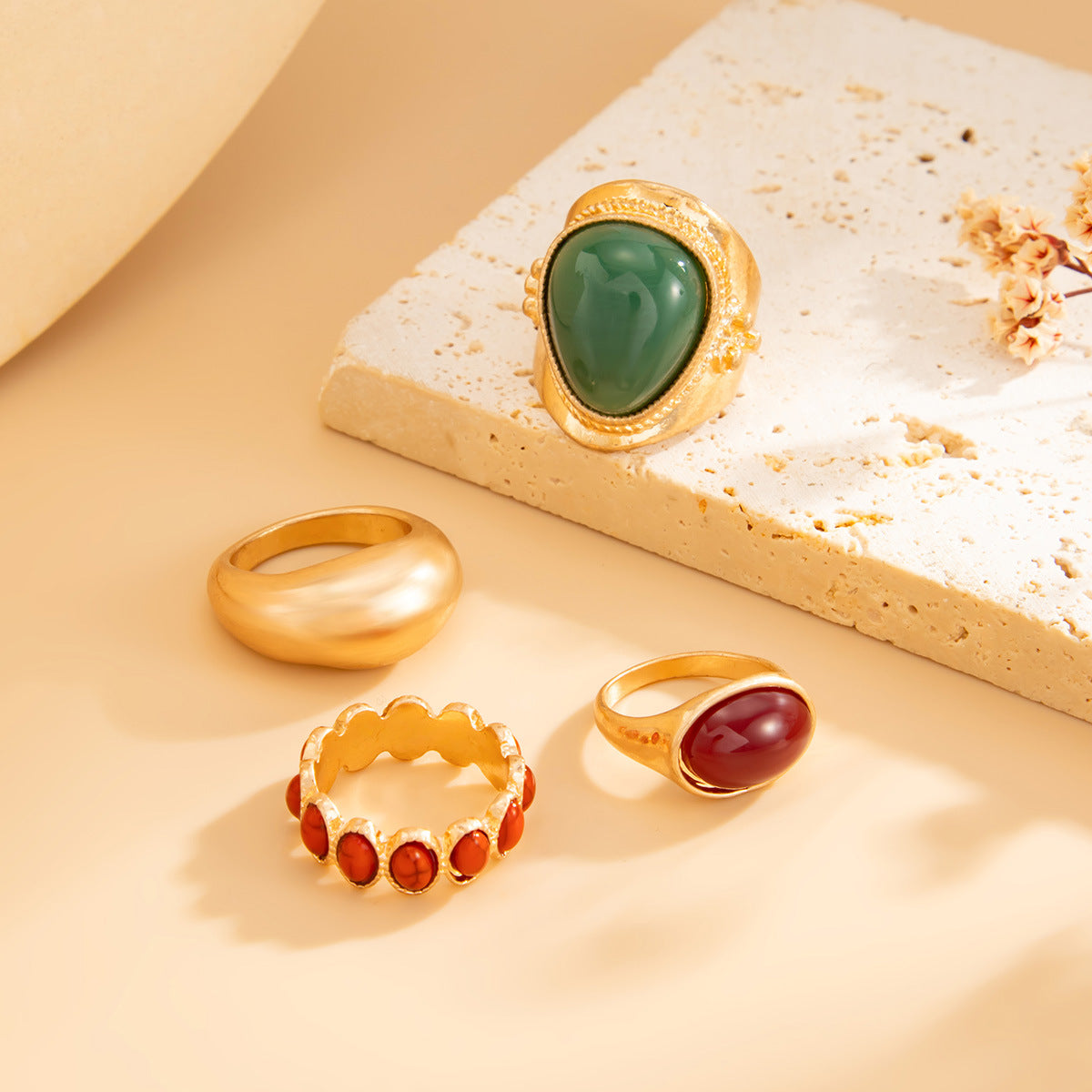 Planderful Vienna Verve Ethnic Style Ring Set For Women Exaggerated Inlaid Stone Statement Jewelry
