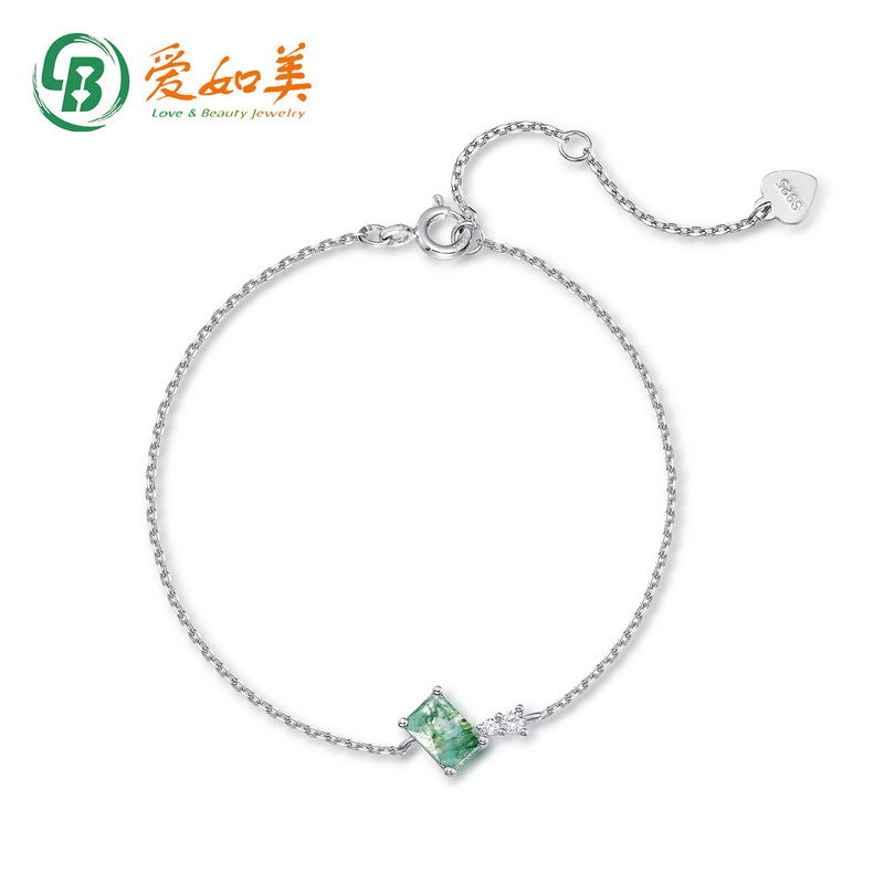 S925 Sterling Silver Moss Agate Square Jewelry Collection